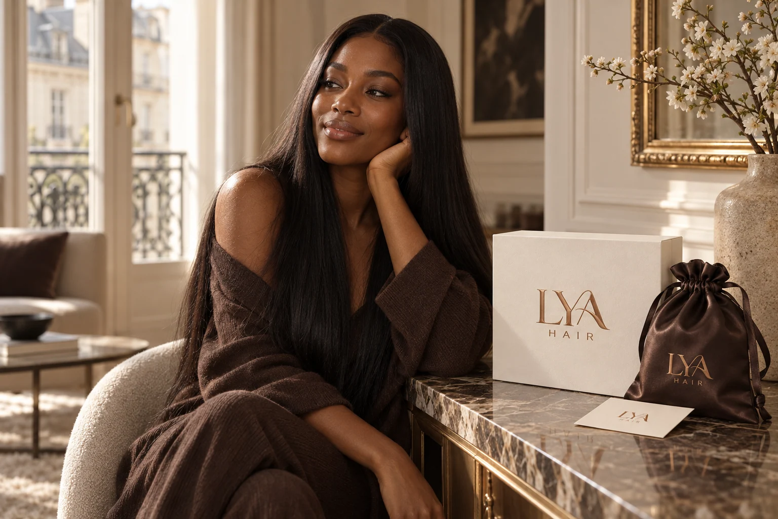L’univers LYA HAIR : cheveux longs, coffret ivoire et pochette chocolat au monogramme cuivré